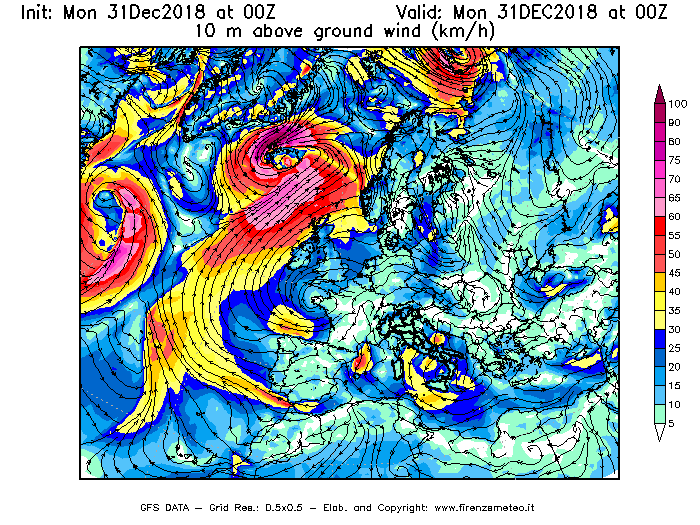 Mappa di analisi GFS - Velocità del vento a 10 metri dal suolo [km/h] in Europa
							del 31/12/2018 00 <!--googleoff: index-->UTC<!--googleon: index-->