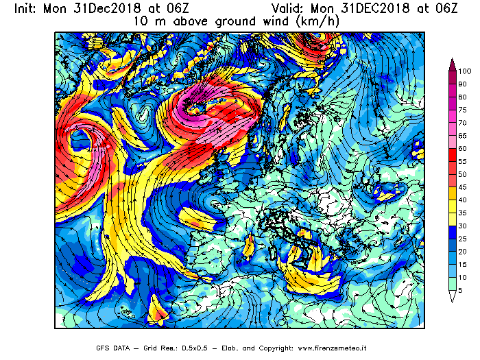 Mappa di analisi GFS - Velocità del vento a 10 metri dal suolo [km/h] in Europa
							del 31/12/2018 06 <!--googleoff: index-->UTC<!--googleon: index-->