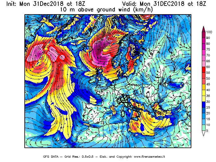 Mappa di analisi GFS - Velocità del vento a 10 metri dal suolo [km/h] in Europa
							del 31/12/2018 18 <!--googleoff: index-->UTC<!--googleon: index-->