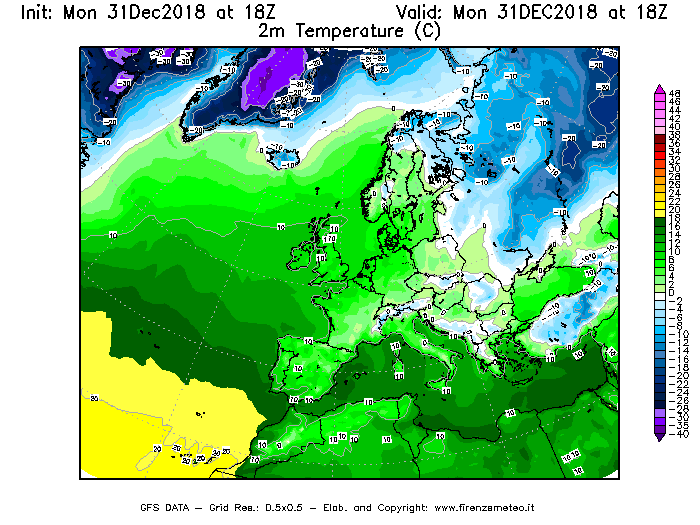 Mappa di analisi GFS - Temperatura a 2 metri dal suolo [°C] in Europa
							del 31/12/2018 18 <!--googleoff: index-->UTC<!--googleon: index-->