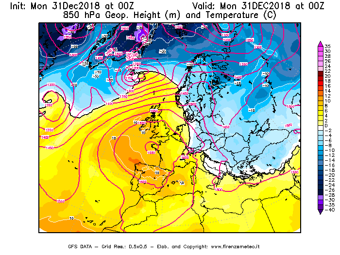 Mappa di analisi GFS - Geopotenziale [m] e Temperatura [°C] a 850 hPa in Europa
							del 31/12/2018 00 <!--googleoff: index-->UTC<!--googleon: index-->