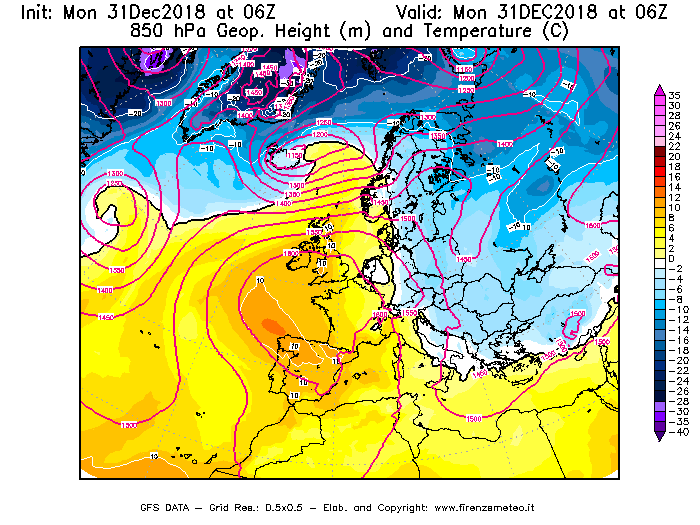 Mappa di analisi GFS - Geopotenziale [m] e Temperatura [°C] a 850 hPa in Europa
							del 31/12/2018 06 <!--googleoff: index-->UTC<!--googleon: index-->