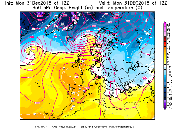 Mappa di analisi GFS - Geopotenziale [m] e Temperatura [°C] a 850 hPa in Europa
							del 31/12/2018 12 <!--googleoff: index-->UTC<!--googleon: index-->