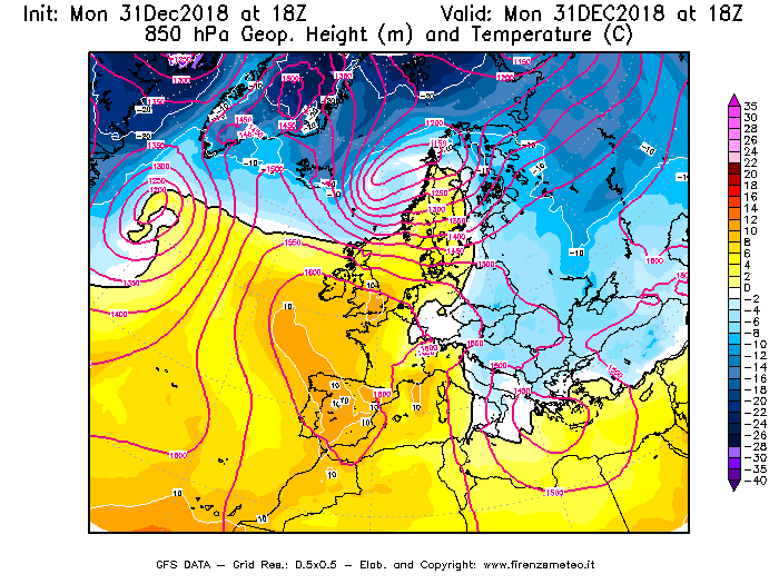 Mappa di analisi GFS - Geopotenziale [m] e Temperatura [°C] a 850 hPa in Europa
							del 31/12/2018 18 <!--googleoff: index-->UTC<!--googleon: index-->