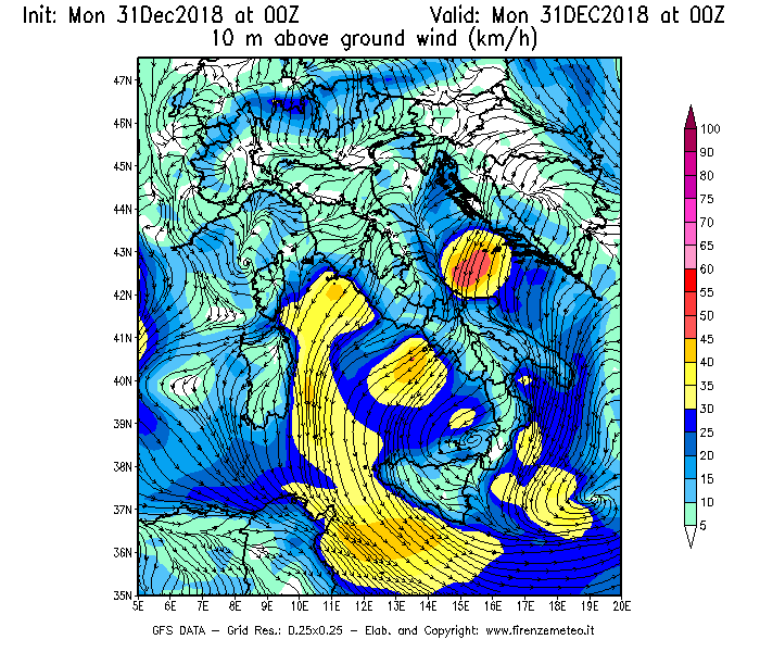Mappa di analisi GFS - Velocità del vento a 10 metri dal suolo [km/h] in Italia
							del 31/12/2018 00 <!--googleoff: index-->UTC<!--googleon: index-->
