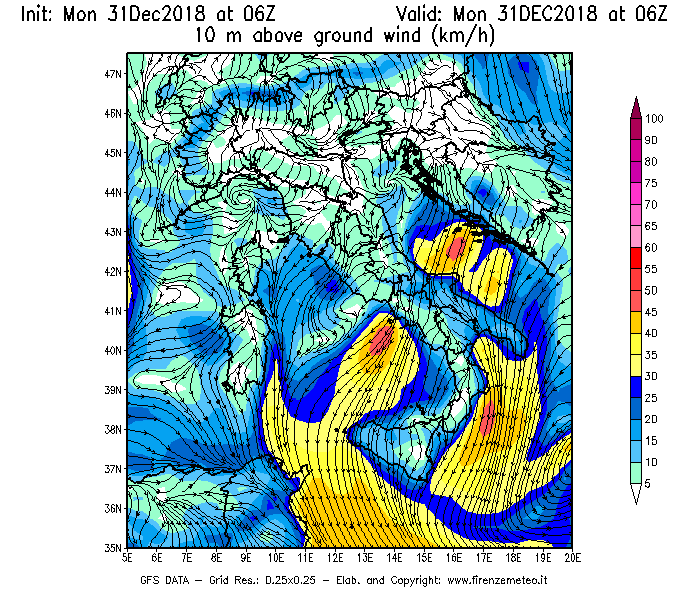 Mappa di analisi GFS - Velocità del vento a 10 metri dal suolo [km/h] in Italia
							del 31/12/2018 06 <!--googleoff: index-->UTC<!--googleon: index-->