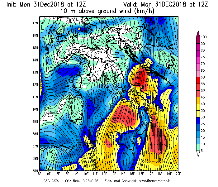 Mappa di analisi GFS - Velocità del vento a 10 metri dal suolo [km/h] in Italia
							del 31/12/2018 12 <!--googleoff: index-->UTC<!--googleon: index-->