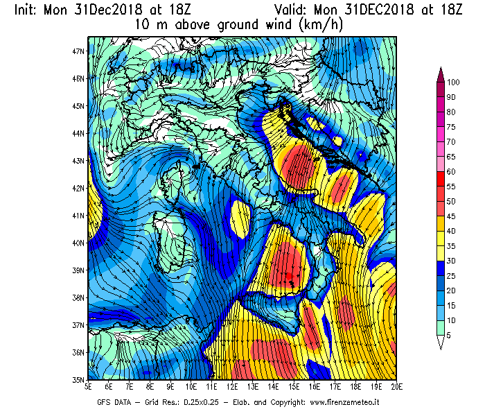 Mappa di analisi GFS - Velocità del vento a 10 metri dal suolo [km/h] in Italia
							del 31/12/2018 18 <!--googleoff: index-->UTC<!--googleon: index-->