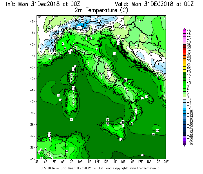Mappa di analisi GFS - Temperatura a 2 metri dal suolo [°C] in Italia
							del 31/12/2018 00 <!--googleoff: index-->UTC<!--googleon: index-->