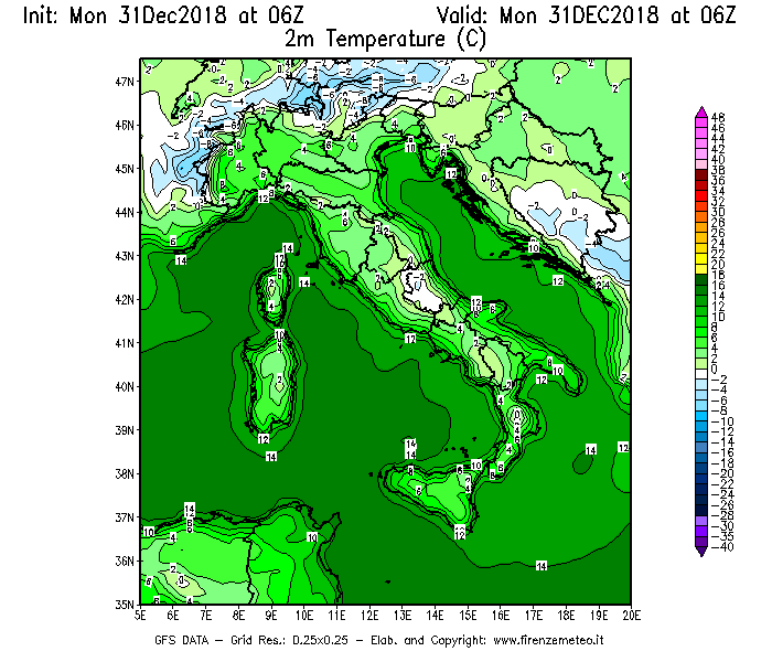 Mappa di analisi GFS - Temperatura a 2 metri dal suolo [°C] in Italia
							del 31/12/2018 06 <!--googleoff: index-->UTC<!--googleon: index-->