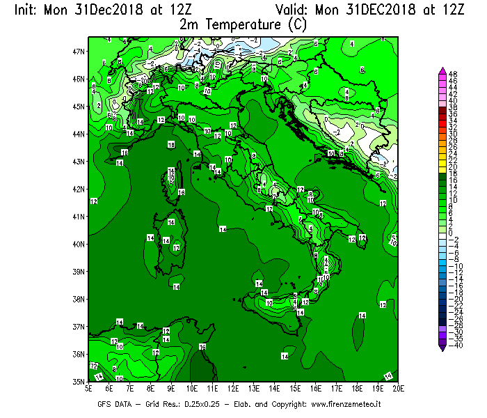 Mappa di analisi GFS - Temperatura a 2 metri dal suolo [°C] in Italia
							del 31/12/2018 12 <!--googleoff: index-->UTC<!--googleon: index-->