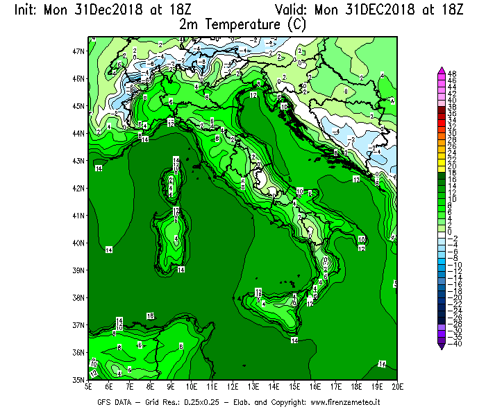 Mappa di analisi GFS - Temperatura a 2 metri dal suolo [°C] in Italia
							del 31/12/2018 18 <!--googleoff: index-->UTC<!--googleon: index-->
