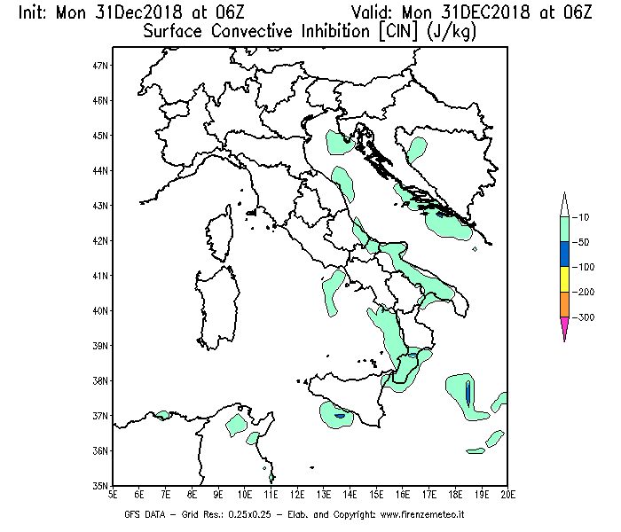 Mappa di analisi GFS - CIN [J/kg] in Italia
							del 31/12/2018 06 <!--googleoff: index-->UTC<!--googleon: index-->