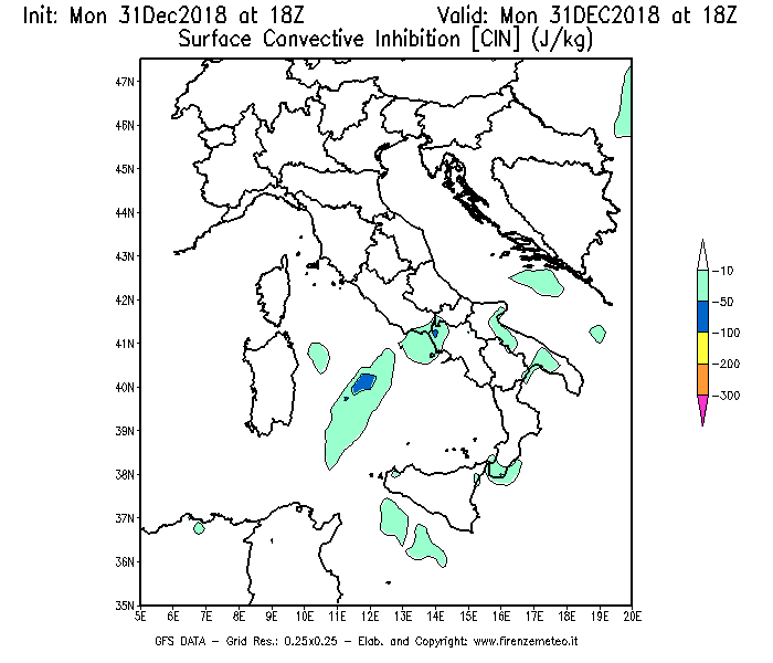 Mappa di analisi GFS - CIN [J/kg] in Italia
							del 31/12/2018 18 <!--googleoff: index-->UTC<!--googleon: index-->