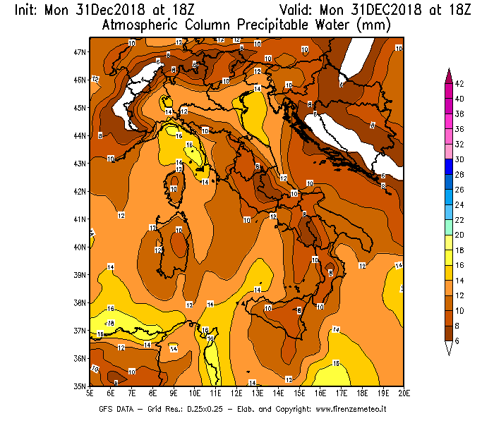 Mappa di analisi GFS - Precipitable Water [mm] in Italia
							del 31/12/2018 18 <!--googleoff: index-->UTC<!--googleon: index-->