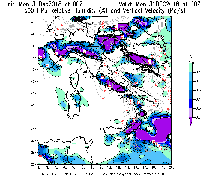 Mappa di analisi GFS - Umidità relativa [%] e Omega [Pa/s] a 500 hPa in Italia
							del 31/12/2018 00 <!--googleoff: index-->UTC<!--googleon: index-->