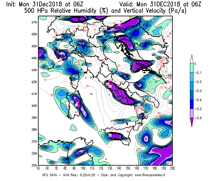 Mappa di analisi GFS - Umidità relativa [%] e Omega [Pa/s] a 500 hPa in Italia
							del 31/12/2018 06 <!--googleoff: index-->UTC<!--googleon: index-->