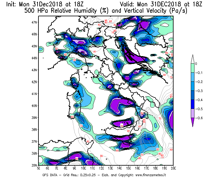 Mappa di analisi GFS - Umidità relativa [%] e Omega [Pa/s] a 500 hPa in Italia
							del 31/12/2018 18 <!--googleoff: index-->UTC<!--googleon: index-->