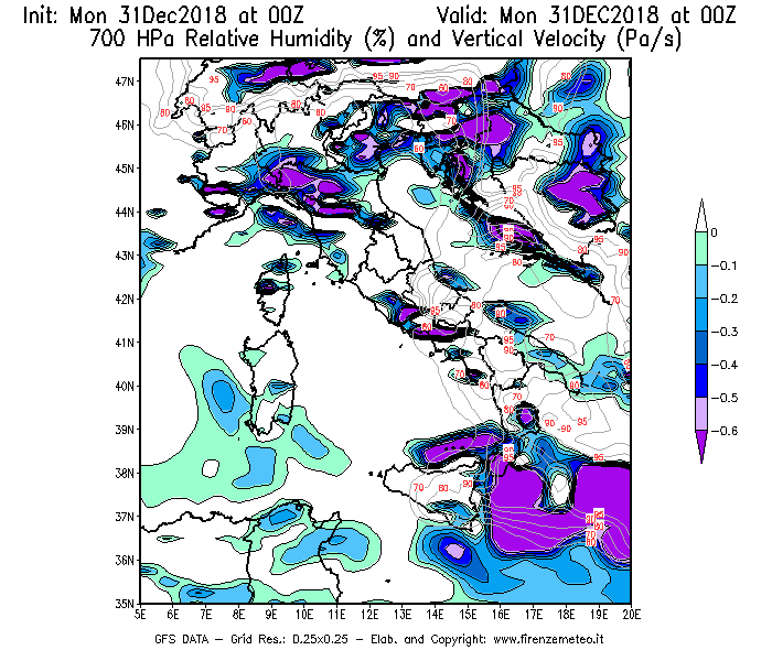 Mappa di analisi GFS - Umidità relativa [%] e Omega [Pa/s] a 700 hPa in Italia
							del 31/12/2018 00 <!--googleoff: index-->UTC<!--googleon: index-->