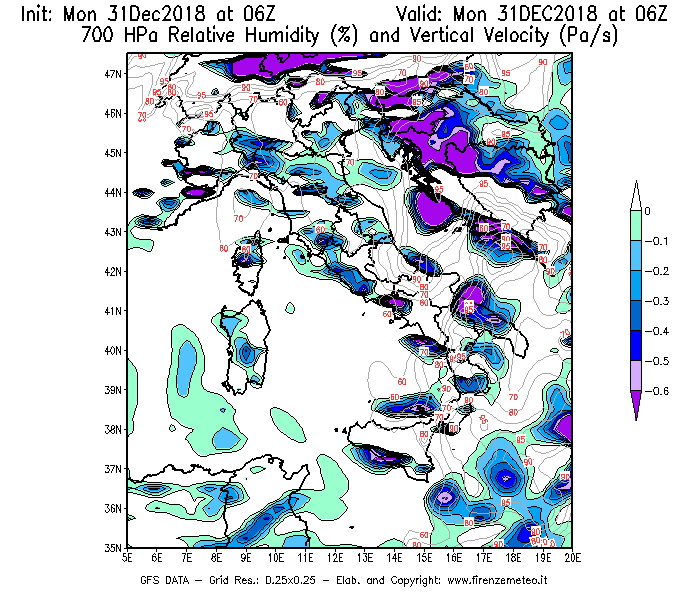 Mappa di analisi GFS - Umidità relativa [%] e Omega [Pa/s] a 700 hPa in Italia
							del 31/12/2018 06 <!--googleoff: index-->UTC<!--googleon: index-->