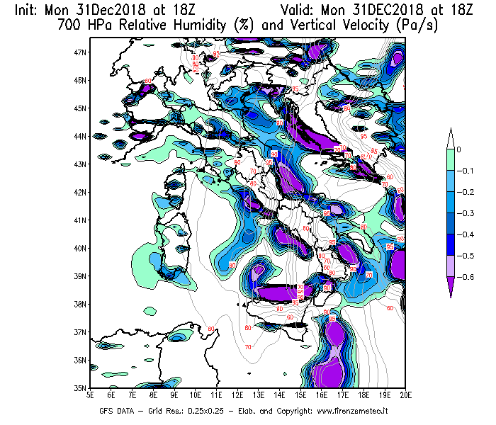 Mappa di analisi GFS - Umidità relativa [%] e Omega [Pa/s] a 700 hPa in Italia
							del 31/12/2018 18 <!--googleoff: index-->UTC<!--googleon: index-->