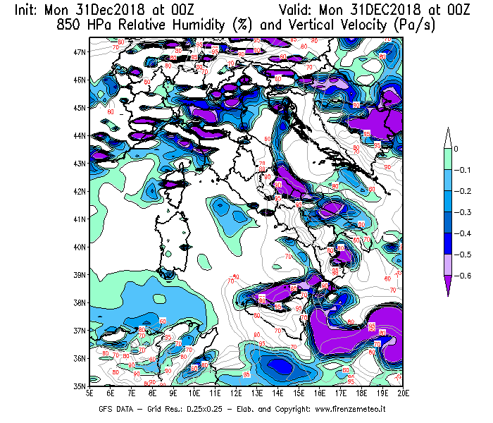 Mappa di analisi GFS - Umidità relativa [%] e Omega [Pa/s] a 850 hPa in Italia
							del 31/12/2018 00 <!--googleoff: index-->UTC<!--googleon: index-->