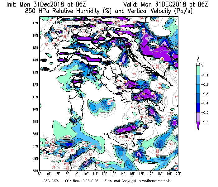 Mappa di analisi GFS - Umidità relativa [%] e Omega [Pa/s] a 850 hPa in Italia
							del 31/12/2018 06 <!--googleoff: index-->UTC<!--googleon: index-->