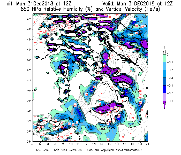 Mappa di analisi GFS - Umidità relativa [%] e Omega [Pa/s] a 850 hPa in Italia
							del 31/12/2018 12 <!--googleoff: index-->UTC<!--googleon: index-->
