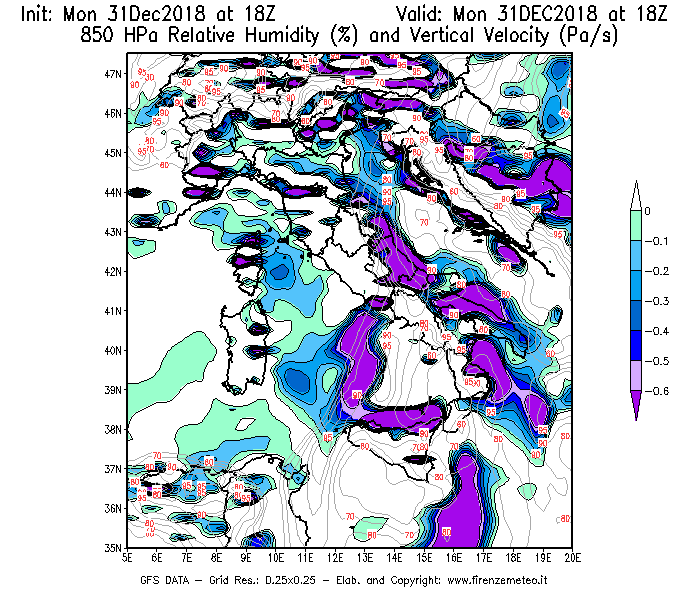Mappa di analisi GFS - Umidità relativa [%] e Omega [Pa/s] a 850 hPa in Italia
							del 31/12/2018 18 <!--googleoff: index-->UTC<!--googleon: index-->