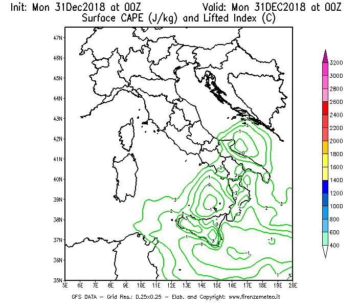 Mappa di analisi GFS - CAPE [J/kg] e Lifted Index [°C] in Italia
							del 31/12/2018 00 <!--googleoff: index-->UTC<!--googleon: index-->