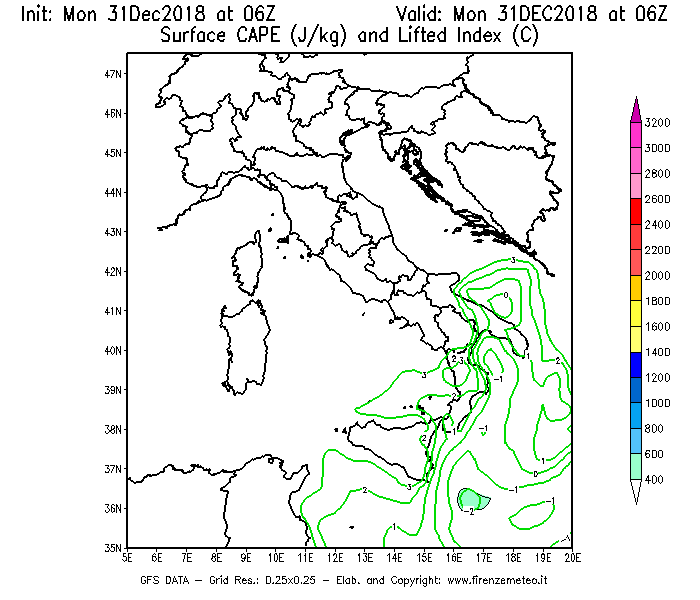 Mappa di analisi GFS - CAPE [J/kg] e Lifted Index [°C] in Italia
							del 31/12/2018 06 <!--googleoff: index-->UTC<!--googleon: index-->