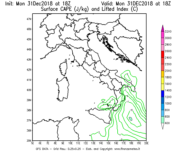 Mappa di analisi GFS - CAPE [J/kg] e Lifted Index [°C] in Italia
							del 31/12/2018 18 <!--googleoff: index-->UTC<!--googleon: index-->