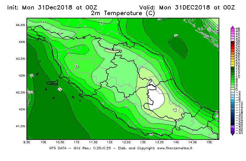 Mappa di analisi GFS - Temperatura a 2 metri dal suolo [°C] in Centro-Italia
							del 31/12/2018 00 <!--googleoff: index-->UTC<!--googleon: index-->