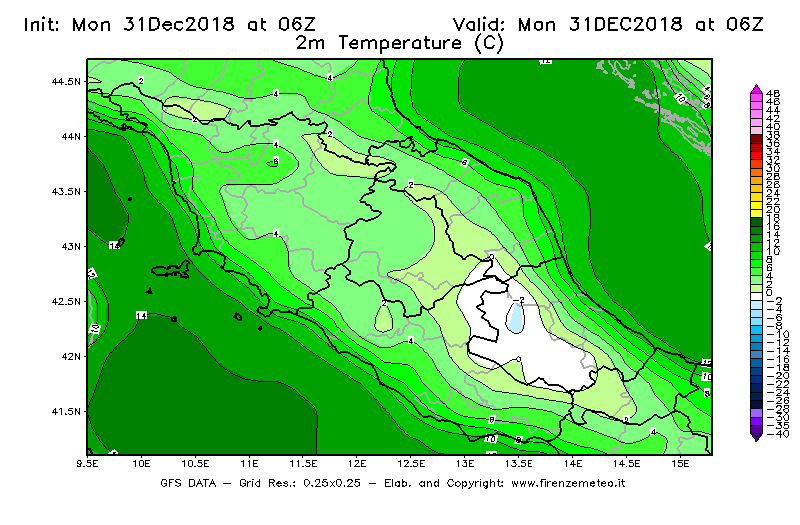 Mappa di analisi GFS - Temperatura a 2 metri dal suolo [°C] in Centro-Italia
							del 31/12/2018 06 <!--googleoff: index-->UTC<!--googleon: index-->