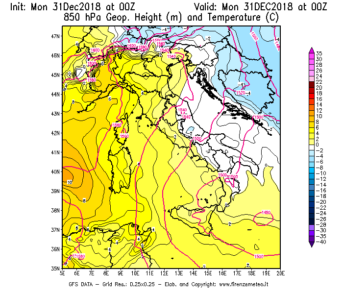 Mappa di analisi GFS - Geopotenziale [m] e Temperatura [°C] a 850 hPa in Italia
							del 31/12/2018 00 <!--googleoff: index-->UTC<!--googleon: index-->