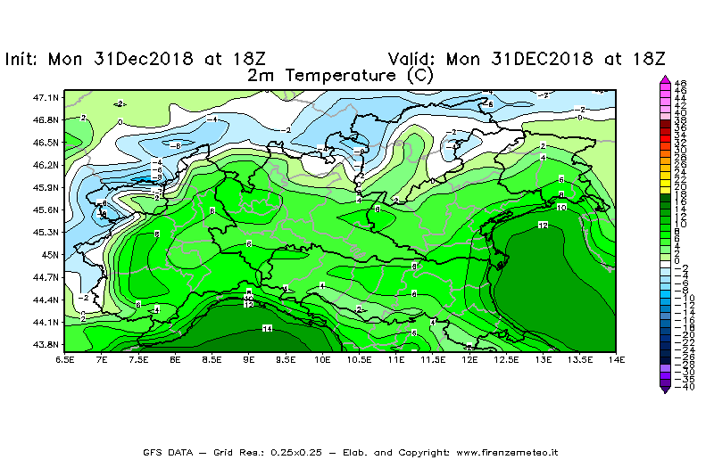 Mappa di analisi GFS - Temperatura a 2 metri dal suolo [°C] in Nord-Italia
							del 31/12/2018 18 <!--googleoff: index-->UTC<!--googleon: index-->