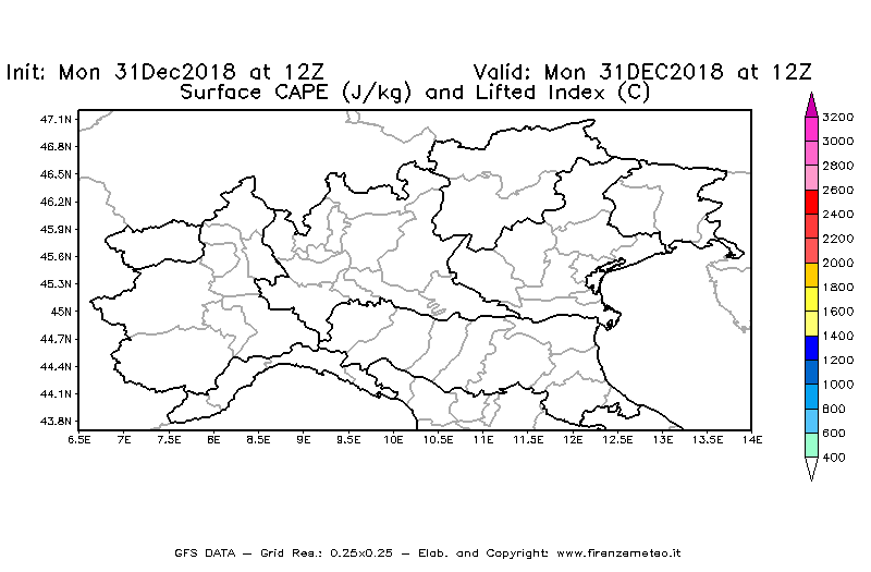 Mappa di analisi GFS - CAPE [J/kg] e Lifted Index [°C] in Nord-Italia
							del 31/12/2018 12 <!--googleoff: index-->UTC<!--googleon: index-->