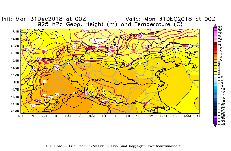 Mappa di analisi GFS - Geopotenziale [m] e Temperatura [°C] a 925 hPa in Nord-Italia
							del 31/12/2018 00 <!--googleoff: index-->UTC<!--googleon: index-->