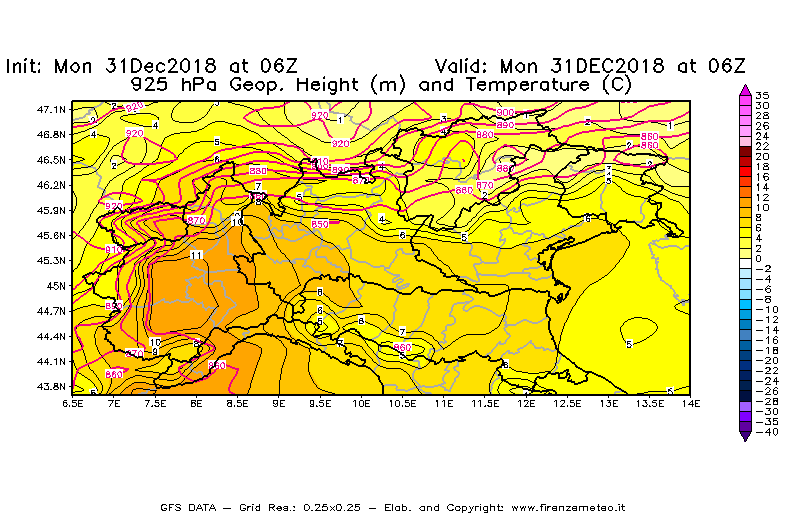 Mappa di analisi GFS - Geopotenziale [m] e Temperatura [°C] a 925 hPa in Nord-Italia
							del 31/12/2018 06 <!--googleoff: index-->UTC<!--googleon: index-->