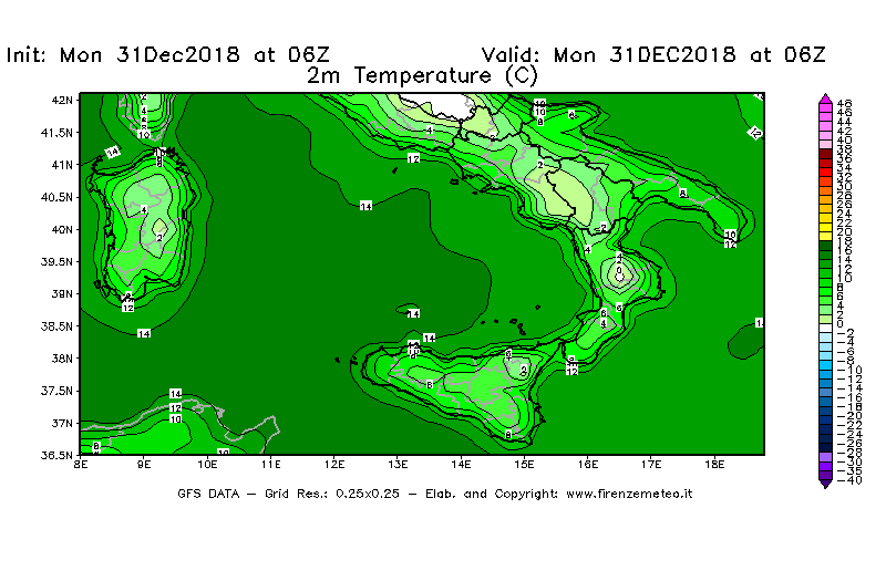 Mappa di analisi GFS - Temperatura a 2 metri dal suolo [°C] in Sud-Italia
							del 31/12/2018 06 <!--googleoff: index-->UTC<!--googleon: index-->
