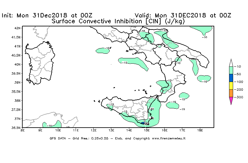 Mappa di analisi GFS - CIN [J/kg] in Sud-Italia
							del 31/12/2018 00 <!--googleoff: index-->UTC<!--googleon: index-->