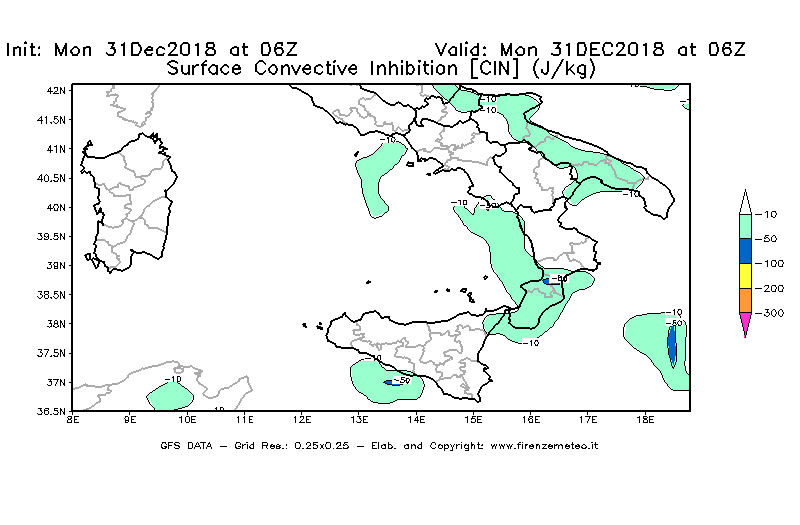Mappa di analisi GFS - CIN [J/kg] in Sud-Italia
							del 31/12/2018 06 <!--googleoff: index-->UTC<!--googleon: index-->
