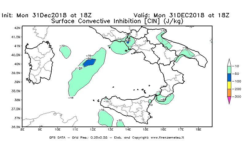 Mappa di analisi GFS - CIN [J/kg] in Sud-Italia
							del 31/12/2018 18 <!--googleoff: index-->UTC<!--googleon: index-->