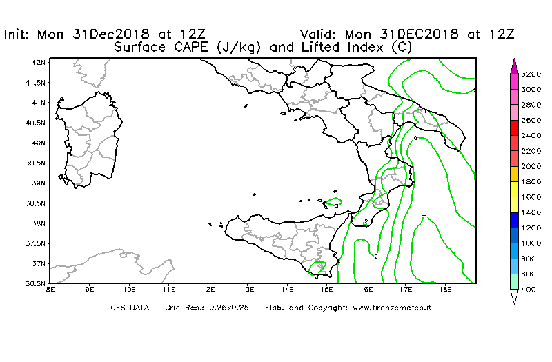 Mappa di analisi GFS - CAPE [J/kg] e Lifted Index [°C] in Sud-Italia
							del 31/12/2018 12 <!--googleoff: index-->UTC<!--googleon: index-->