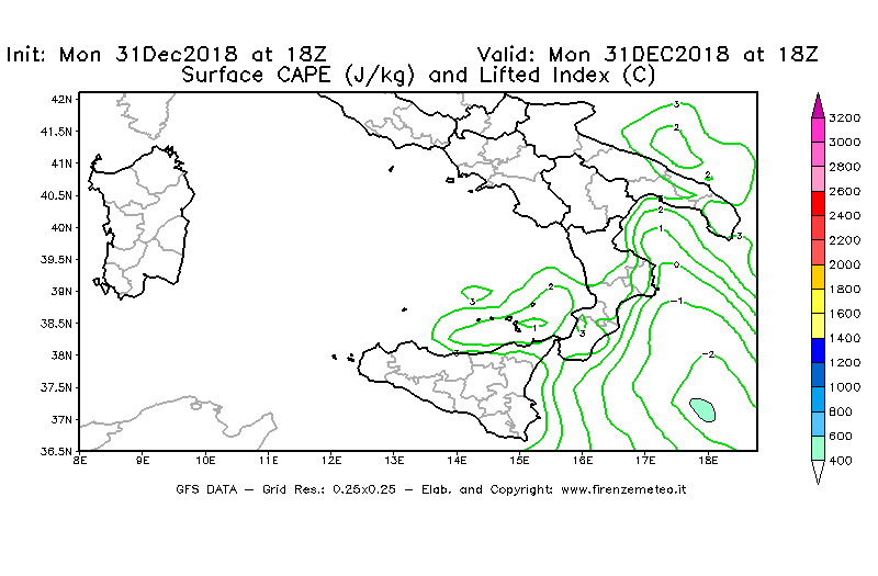 Mappa di analisi GFS - CAPE [J/kg] e Lifted Index [°C] in Sud-Italia
							del 31/12/2018 18 <!--googleoff: index-->UTC<!--googleon: index-->