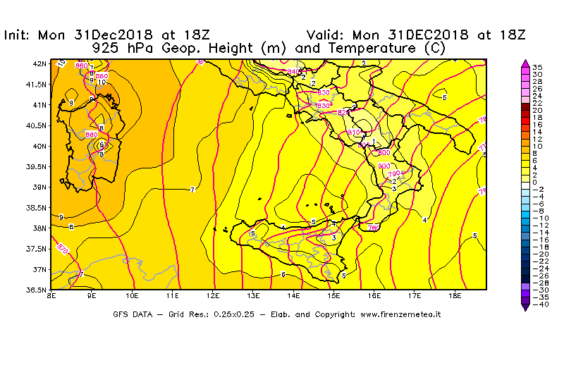 Mappa di analisi GFS - Geopotenziale [m] e Temperatura [°C] a 925 hPa in Sud-Italia
							del 31/12/2018 18 <!--googleoff: index-->UTC<!--googleon: index-->