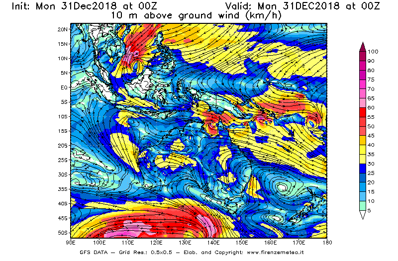 Mappa di analisi GFS - Velocità del vento a 10 metri dal suolo [km/h] in Oceania
							del 31/12/2018 00 <!--googleoff: index-->UTC<!--googleon: index-->