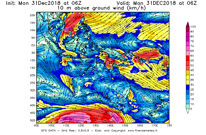 Mappa di analisi GFS - Velocità del vento a 10 metri dal suolo [km/h] in Oceania
							del 31/12/2018 06 <!--googleoff: index-->UTC<!--googleon: index-->