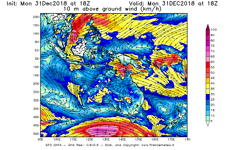Mappa di analisi GFS - Velocità del vento a 10 metri dal suolo [km/h] in Oceania
							del 31/12/2018 18 <!--googleoff: index-->UTC<!--googleon: index-->
