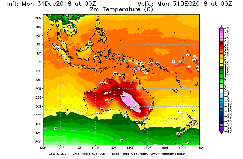 Mappa di analisi GFS - Temperatura a 2 metri dal suolo [°C] in Oceania
							del 31/12/2018 00 <!--googleoff: index-->UTC<!--googleon: index-->